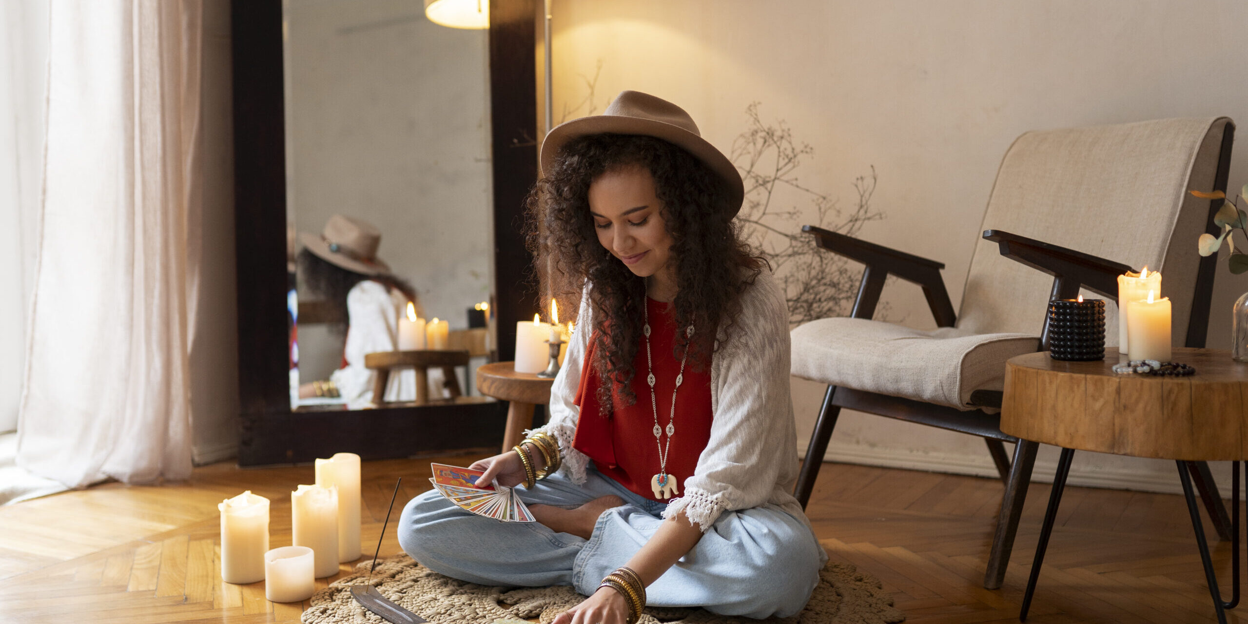 full-shot-woman-reading-tarot-home
